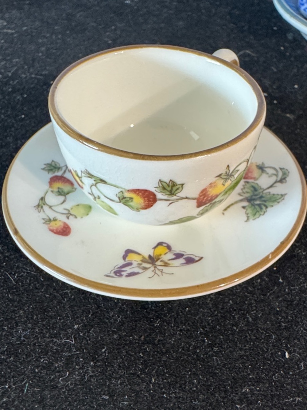 Rare, discontinued Coalport Strawberry pattern miniature teacup and saucer set